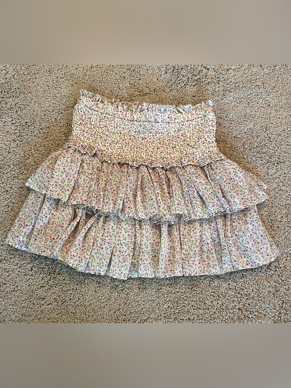 Reset by Jane Smocked Tiered Floral Mini Skirt- Cream and Pink, Size Small